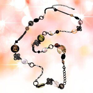 Lia Sophia Statement Necklace Mother of Pearl Glass Beaded Black Chain Eclectic